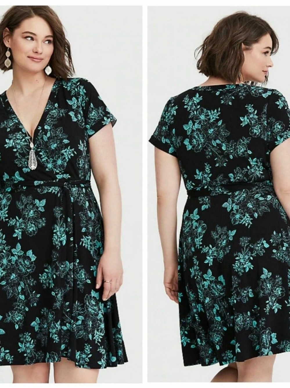 Torrid NWOT Black Teal Faux Wrap Dress Jersey Knit Elastic Waist Tie Sz 1X